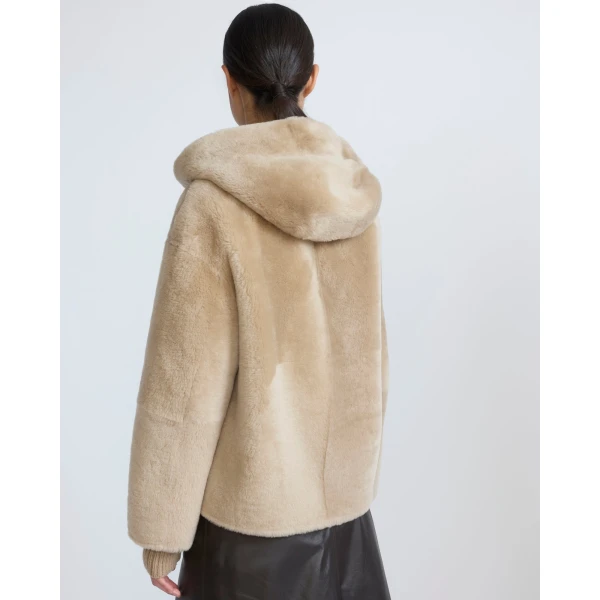 Yves Salomon Hooded Merino Lambskin Shearling Jacket in Beige | Shearling Jackets | Coveti