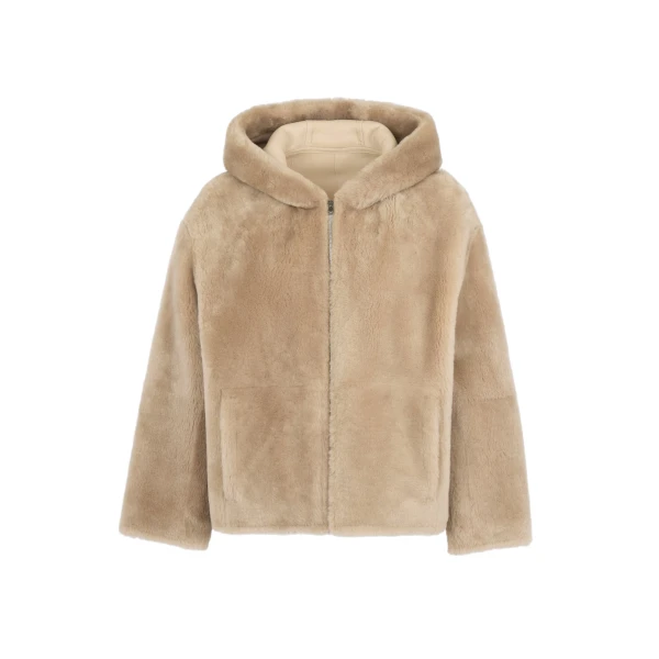Yves Salomon Hooded Merino Lambskin Shearling Jacket in Beige | Shearling Jackets | Coveti