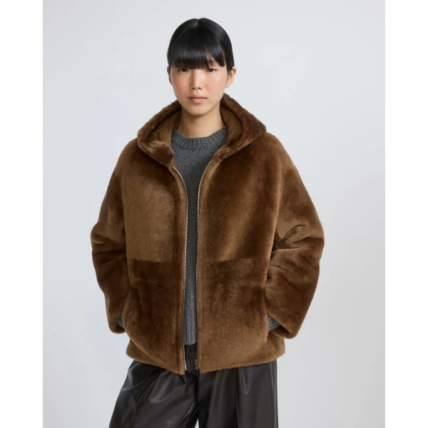 Yves Salomon Hooded Merino Lambskin Shearling Jacket in Brown | Shearling Jackets | Coveti