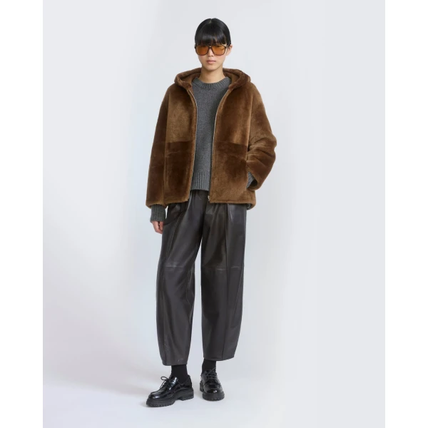 Yves Salomon Hooded Merino Lambskin Shearling Jacket in Brown | Shearling Jackets | Coveti