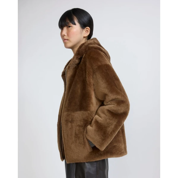 Yves Salomon Hooded Merino Lambskin Shearling Jacket in Brown | Shearling Jackets | Coveti