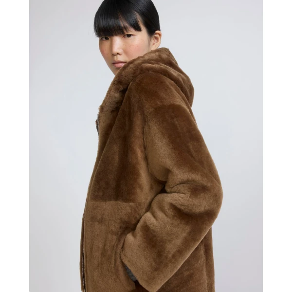 Yves Salomon Hooded Merino Lambskin Shearling Jacket in Brown | Shearling Jackets | Coveti