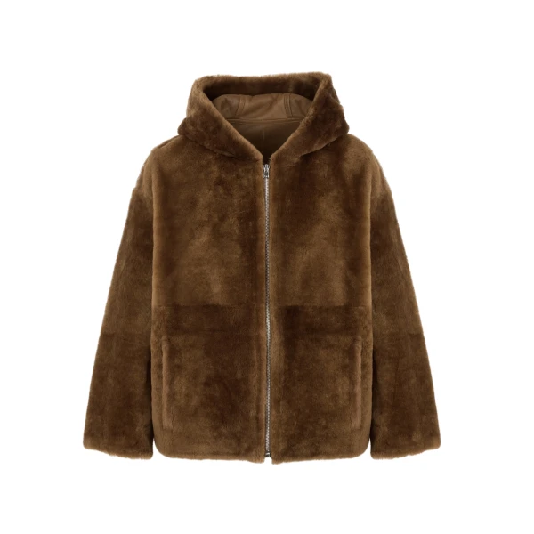 Hooded Merino Lambskin Shearling Jacket in Brown