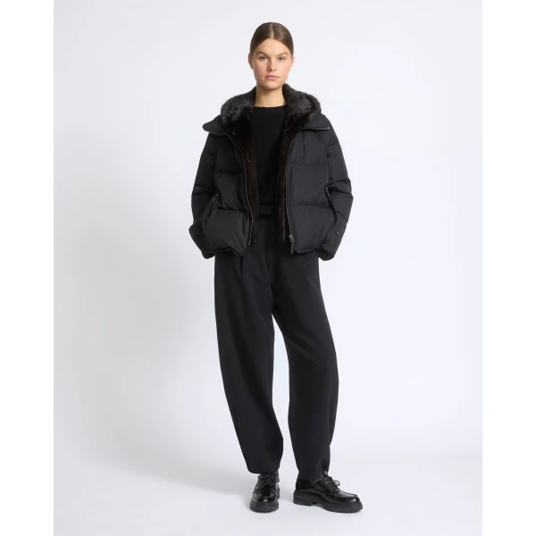 Yves Salomon Iconic A-Line Down Jacket with Mink Fur Hooded Bib in Black | Jackets | Coveti