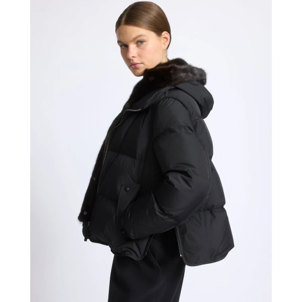 Yves Salomon Iconic A-Line Down Jacket with Mink Fur Hooded Bib in Black | Jackets | Coveti