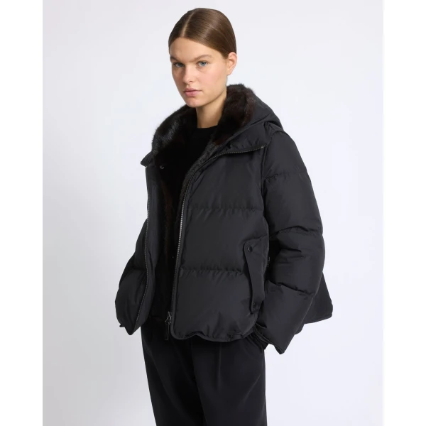 Yves Salomon Iconic A-Line Down Jacket with Mink Fur Hooded Bib in Black | Jackets | Coveti