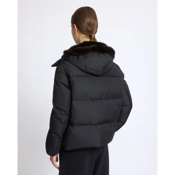 Yves Salomon Iconic A-Line Down Jacket with Mink Fur Hooded Bib in Black | Jackets | Coveti