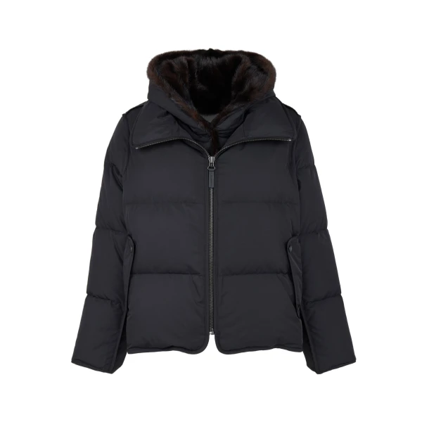 Yves Salomon Iconic A-Line Down Jacket with Mink Fur Hooded Bib in Black | Women | Coveti