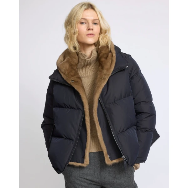Yves Salomon Iconic A-Line Down Jacket with Mink Fur Hooded Bib in Blue and Beige | Jackets | Coveti