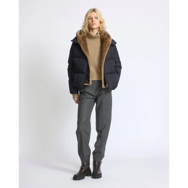Yves Salomon Iconic A-Line Down Jacket with Mink Fur Hooded Bib in Blue and Beige | Jackets | Coveti