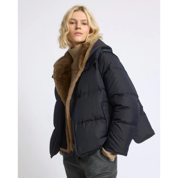 Yves Salomon Iconic A-Line Down Jacket with Mink Fur Hooded Bib in Blue and Beige | Jackets | Coveti