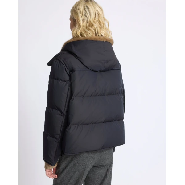 Yves Salomon Iconic A-Line Down Jacket with Mink Fur Hooded Bib in Blue and Beige | Jackets | Coveti