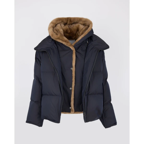 Yves Salomon Iconic A-Line Down Jacket with Mink Fur Hooded Bib in Blue and Beige | Jackets | Coveti