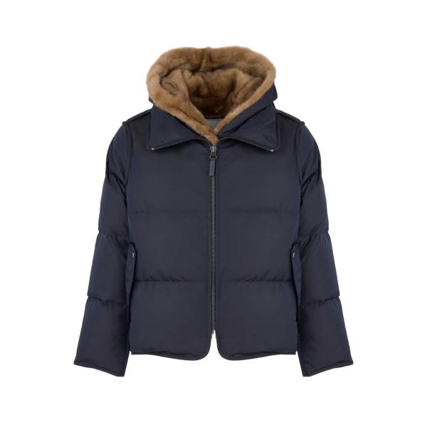 Yves Salomon Iconic A-Line Down Jacket with Mink Fur Hooded Bib in Blue and Beige | Women | Coveti
