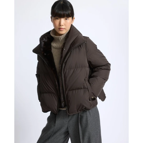 Yves Salomon Iconic A-Line Down Jacket with Mink Fur Hooded Bib in Brown | Jackets | Coveti