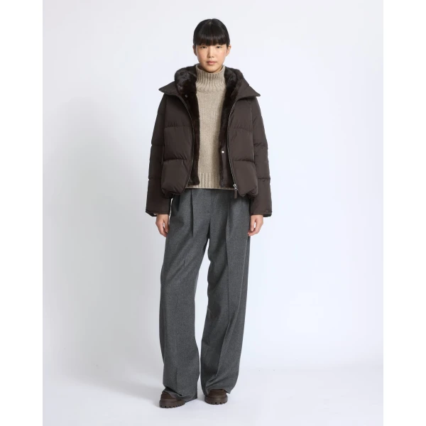 Yves Salomon Iconic A-Line Down Jacket with Mink Fur Hooded Bib in Brown | Jackets | Coveti