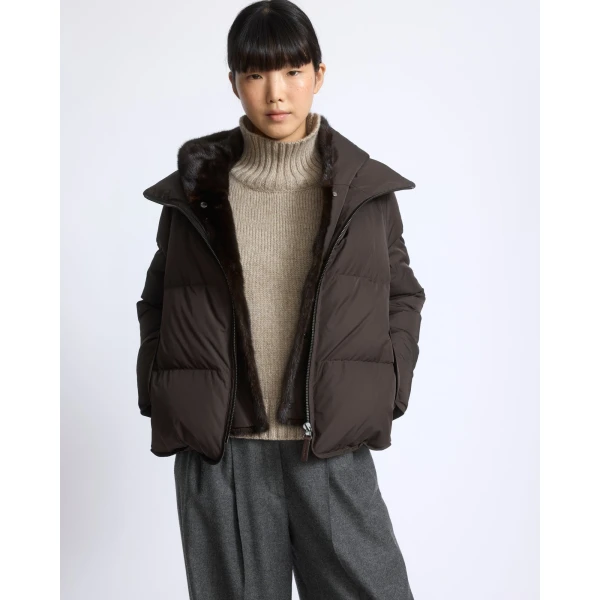 Yves Salomon Iconic A-Line Down Jacket with Mink Fur Hooded Bib in Brown | Jackets | Coveti