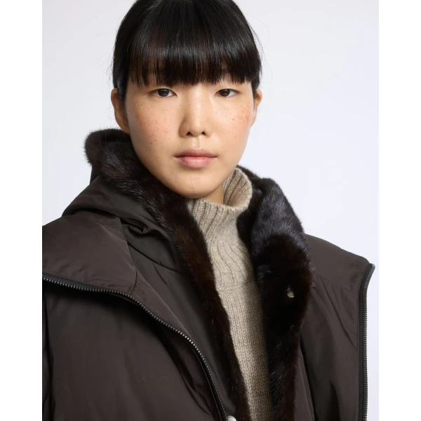 Yves Salomon Iconic A-Line Down Jacket with Mink Fur Hooded Bib in Brown | Jackets | Coveti
