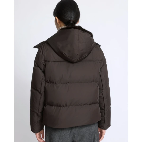 Yves Salomon Iconic A-Line Down Jacket with Mink Fur Hooded Bib in Brown | Jackets | Coveti