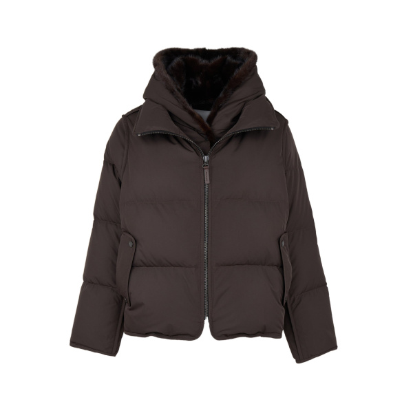 Yves Salomon Iconic A-Line Down Jacket with Mink Fur Hooded Bib in Brown | Women | Coveti