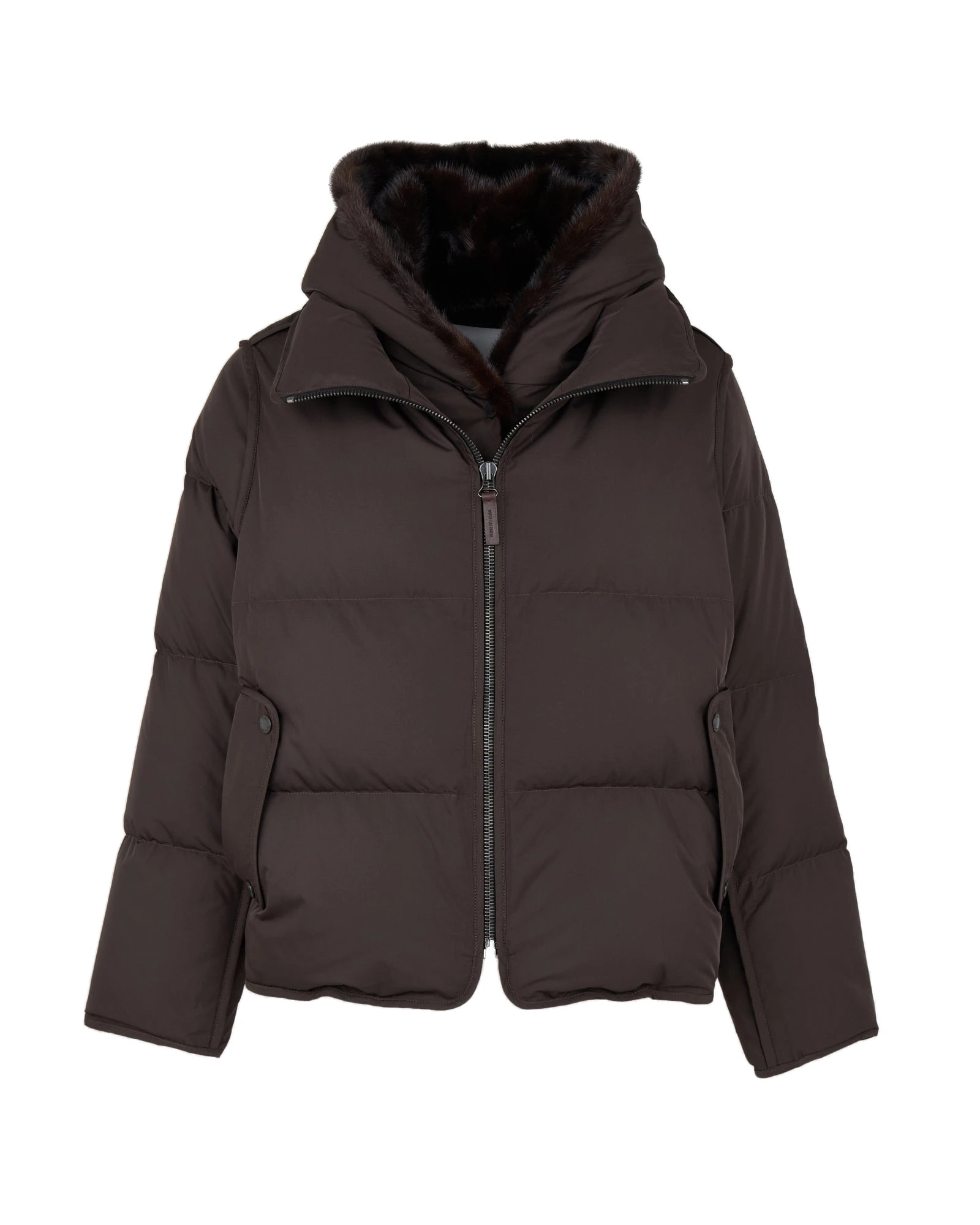 Yves Salomon Iconic A-Line Down Jacket with Mink Fur Hooded Bib in Brown Yves Salomon Iconic A-Line Down Jacket with Mink Fur Hooded Bib in Brown | Women | Coveti