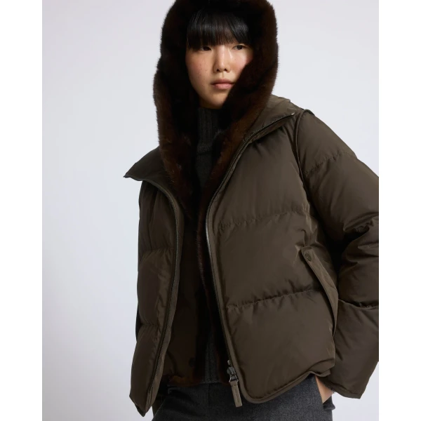 Yves Salomon Iconic A-Line Down Jacket with Mink Fur Hooded Bib in Khaki | Jackets | Coveti