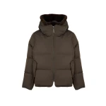 Yves Salomon Iconic A-Line Down Jacket with Mink Fur Hooded Bib in Khaki | Women | Coveti