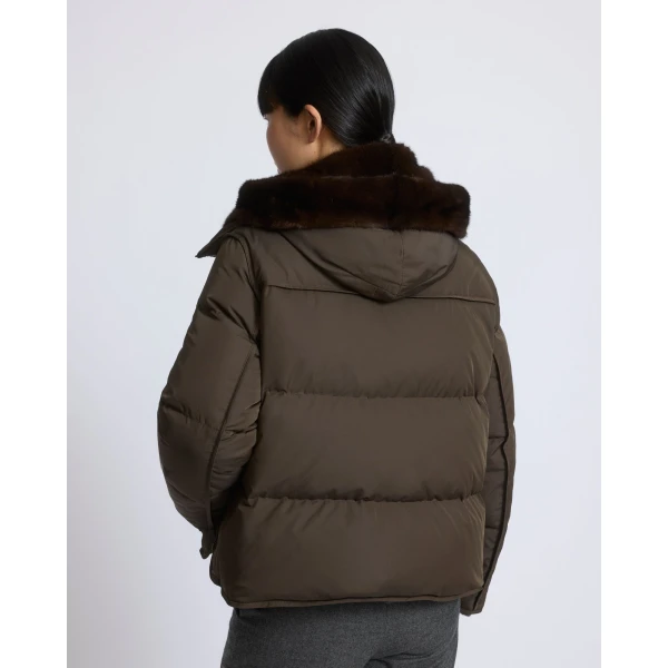 Yves Salomon Iconic A-Line Down Jacket with Mink Fur Hooded Bib in Khaki | Jackets | Coveti