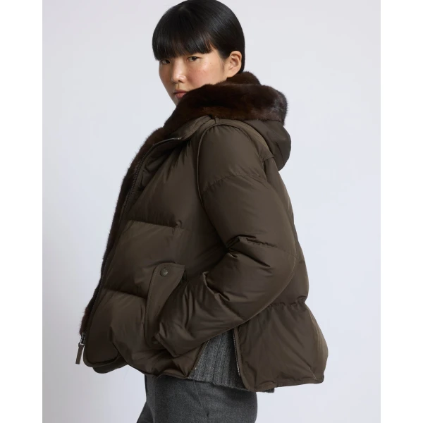 Yves Salomon Iconic A-Line Down Jacket with Mink Fur Hooded Bib in Khaki | Jackets | Coveti