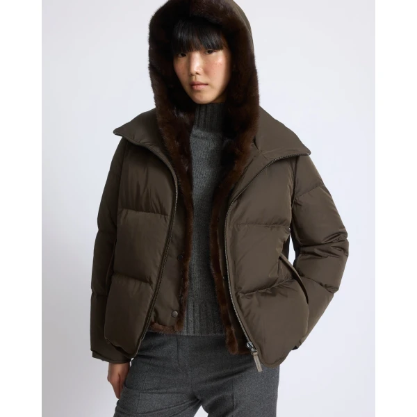 Yves Salomon Iconic A-Line Down Jacket with Mink Fur Hooded Bib in Khaki | Jackets | Coveti