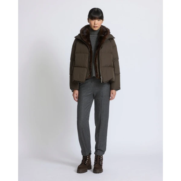 Yves Salomon Iconic A-Line Down Jacket with Mink Fur Hooded Bib in Khaki | Jackets | Coveti