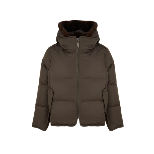 Yves Salomon Iconic A-Line Down Jacket with Mink Fur Hooded Bib in Khaki | Women | Coveti