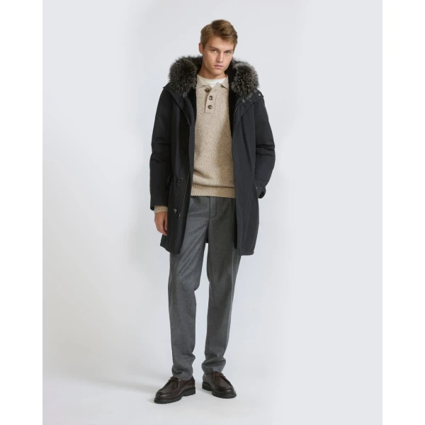 Yves Salomon Iconic Technical Cotton Parka with Fox and Rabbit Fur in Black | Men's Jackets | Coveti