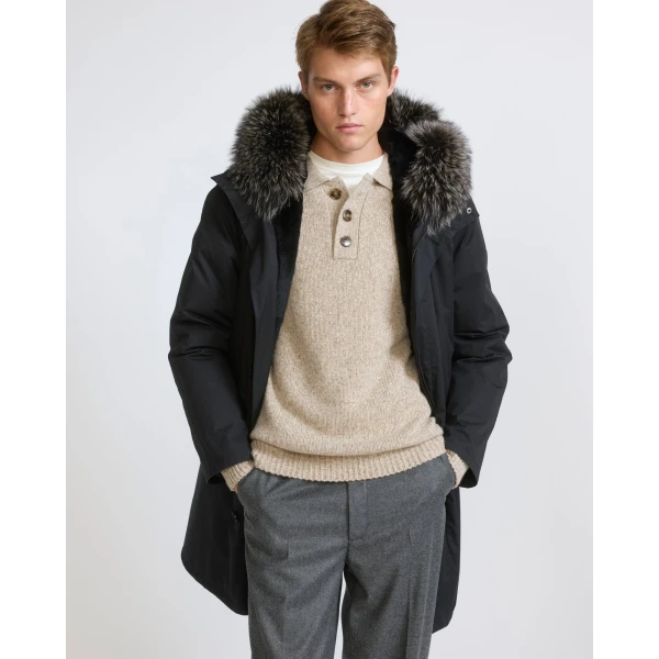 Yves Salomon Iconic Technical Cotton Parka with Fox and Rabbit Fur in Black | Men's Jackets | Coveti