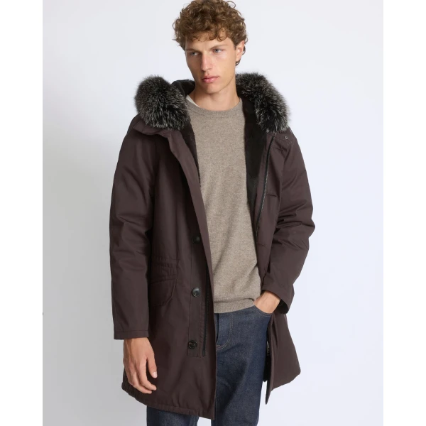 Yves Salomon Iconic Technical Cotton Parka with Fox and Rabbit Fur in Brown | Men's Jackets | Coveti