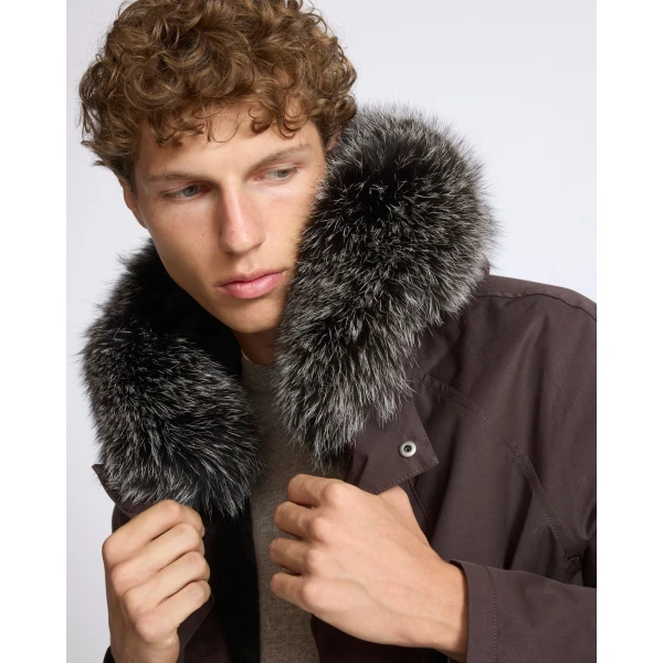 Yves Salomon Iconic Technical Cotton Parka with Fox and Rabbit Fur in Brown | Men's Jackets | Coveti