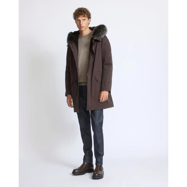 Yves Salomon Iconic Technical Cotton Parka with Fox and Rabbit Fur in Brown | Men's Jackets | Coveti