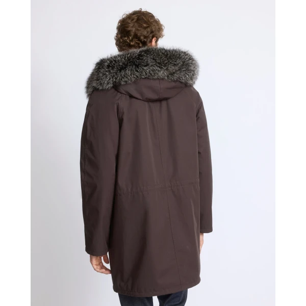 Yves Salomon Iconic Technical Cotton Parka with Fox and Rabbit Fur in Brown | Men's Jackets | Coveti