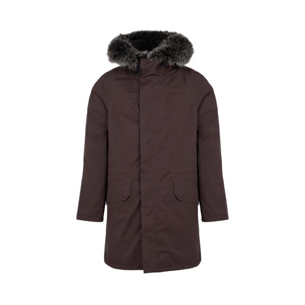 Yves Salomon Iconic Technical Cotton Parka with Fox and Rabbit Fur in Brown | Men Jackets | Coveti
