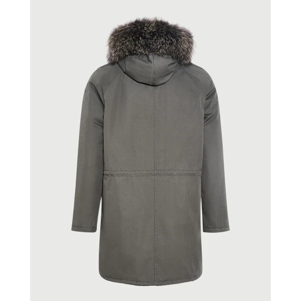 Yves Salomon Iconic Technical Cotton Parka with Fox and Rabbit Fur in Grey Green | Men's Jackets | Coveti