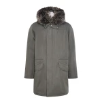 Yves Salomon Iconic Technical Cotton Parka with Fox and Rabbit Fur in Grey Green | Men Jackets | Coveti