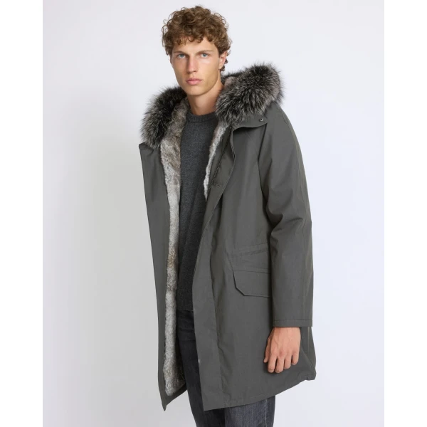 Yves Salomon Iconic Technical Cotton Parka with Fox and Rabbit Fur in Grey Green | Men's Jackets | Coveti