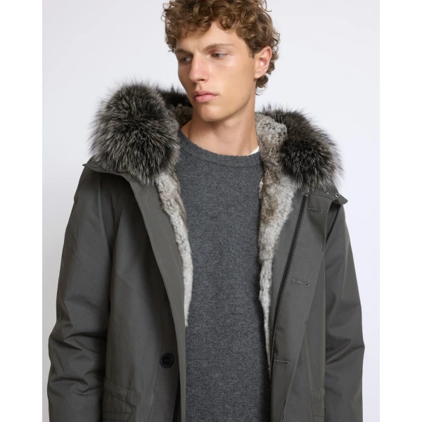 Yves Salomon Iconic Technical Cotton Parka with Fox and Rabbit Fur in Grey Green | Men's Jackets | Coveti