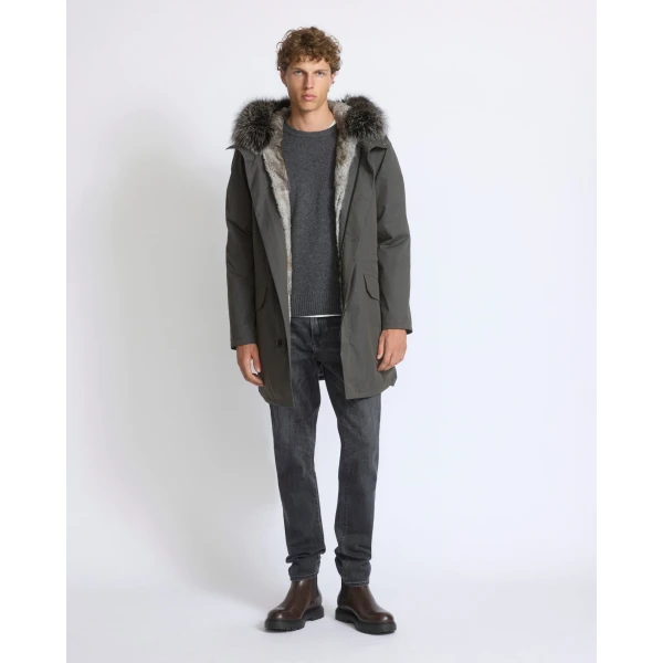 Yves Salomon Iconic Technical Cotton Parka with Fox and Rabbit Fur in Grey Green | Men's Jackets | Coveti