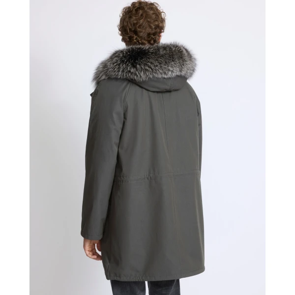 Yves Salomon Iconic Technical Cotton Parka with Fox and Rabbit Fur in Grey Green | Men's Jackets | Coveti