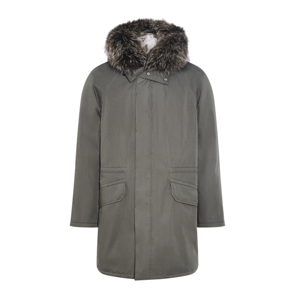 Iconic Technical Cotton Parka with Fox and Rabbit Fur in Grey Green