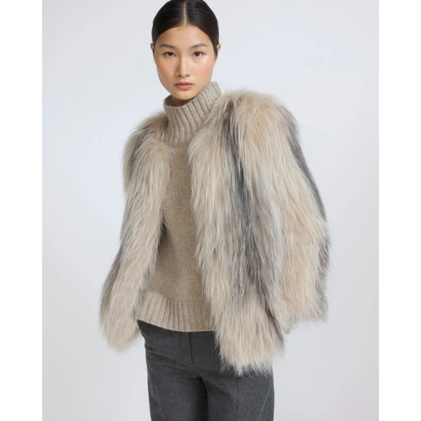 Yves Salomon Knitted Short Fox Fur Jacket in Beige | Jackets | Coveti