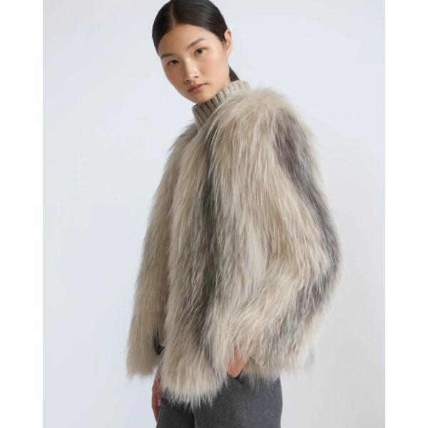 Yves Salomon Knitted Short Fox Fur Jacket in Beige | Jackets | Coveti