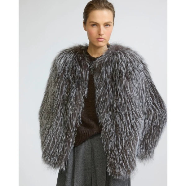 Yves Salomon Knitted Short Fox Fur Jacket in Grey | Jackets | Coveti