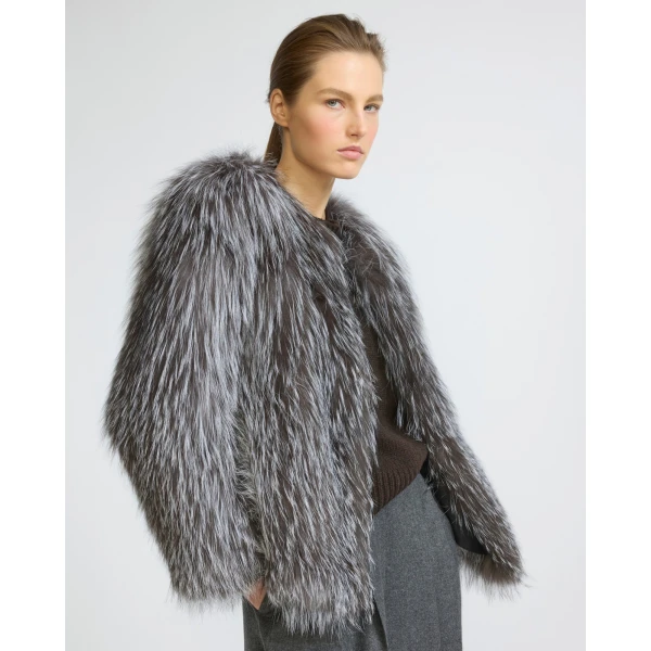 Yves Salomon Knitted Short Fox Fur Jacket in Grey | Jackets | Coveti